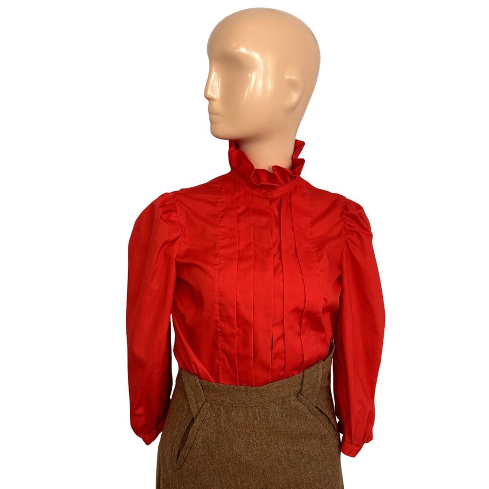 VTG 70s Prairie Blouse XS Ruffled Collar Puff Sleeve Cottagecore Pintuck Bespoke